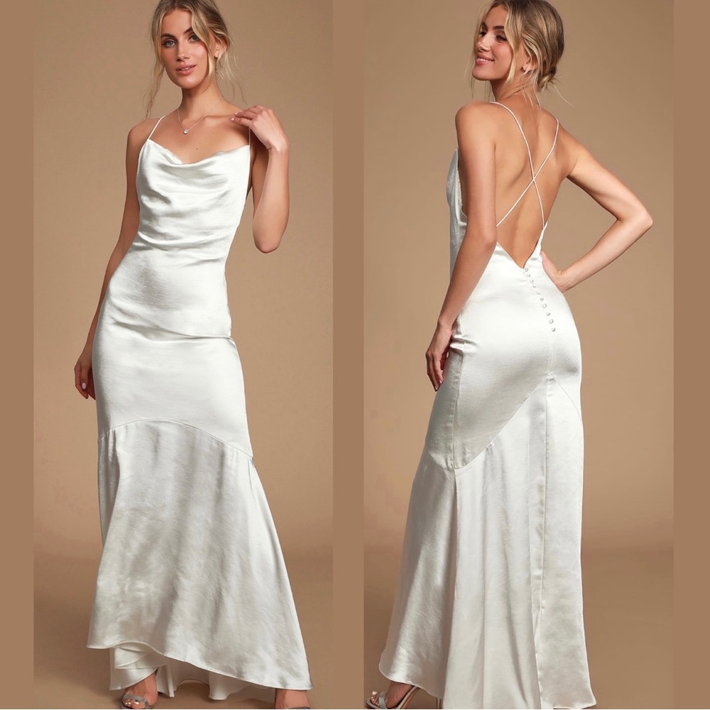 ELLIATT Aisle Dress Satin White Wedding Bride Maxi Slip Cowl Neck Revolve NWT.